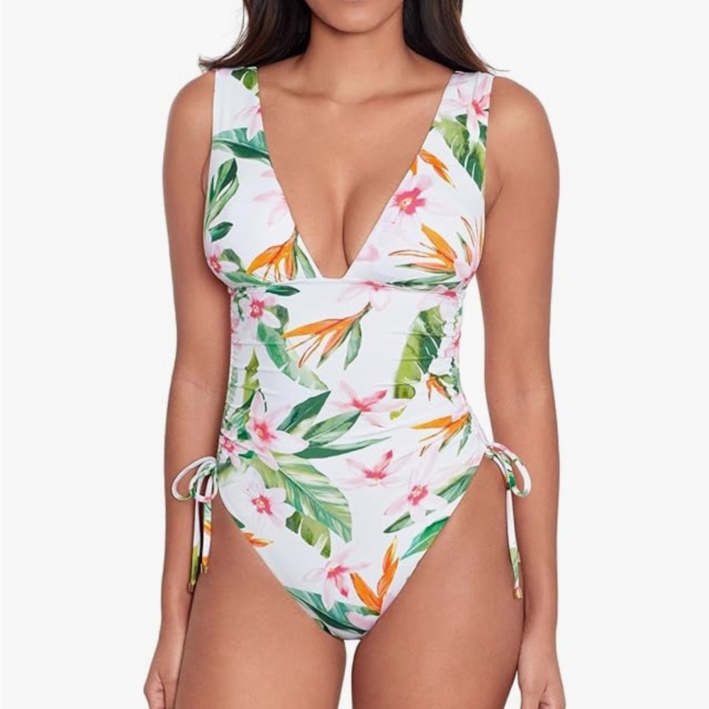 NWT Ralph Lauren Women’s Tropical White and Green Leaf Print Swimsuit Size 12